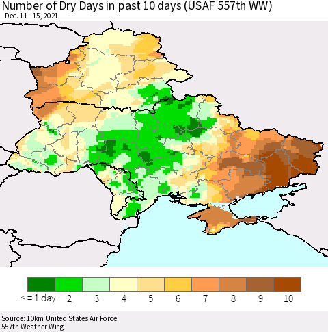Ukraine, Moldova and Belarus Number of Dry Days in past 10 days (USAF 557th WW) Thematic Map For 12/11/2021 - 12/15/2021
