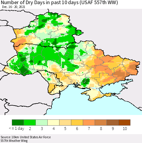 Ukraine, Moldova and Belarus Number of Dry Days in past 10 days (USAF 557th WW) Thematic Map For 12/16/2021 - 12/20/2021