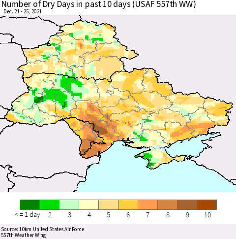 Ukraine, Moldova and Belarus Number of Dry Days in past 10 days (USAF 557th WW) Thematic Map For 12/21/2021 - 12/25/2021