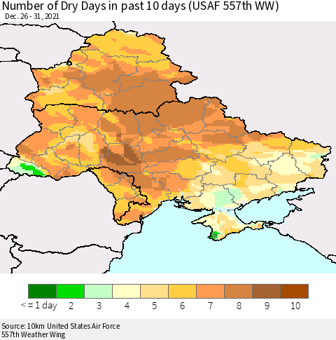 Ukraine, Moldova and Belarus Number of Dry Days in past 10 days (USAF 557th WW) Thematic Map For 12/26/2021 - 12/31/2021