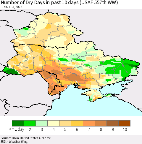 Ukraine, Moldova and Belarus Number of Dry Days in past 10 days (USAF 557th WW) Thematic Map For 1/1/2022 - 1/5/2022