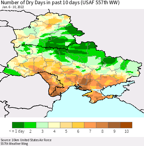 Ukraine, Moldova and Belarus Number of Dry Days in past 10 days (USAF 557th WW) Thematic Map For 1/6/2022 - 1/10/2022