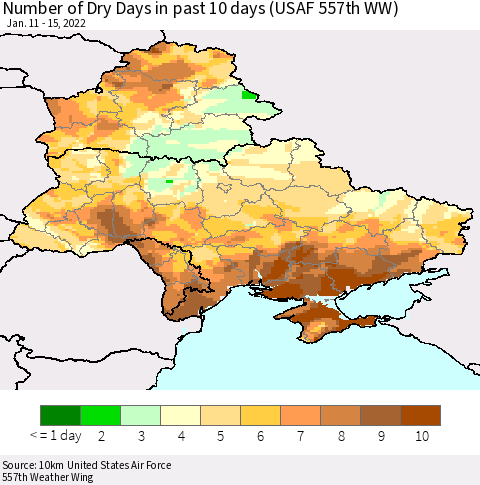 Ukraine, Moldova and Belarus Number of Dry Days in past 10 days (USAF 557th WW) Thematic Map For 1/11/2022 - 1/15/2022