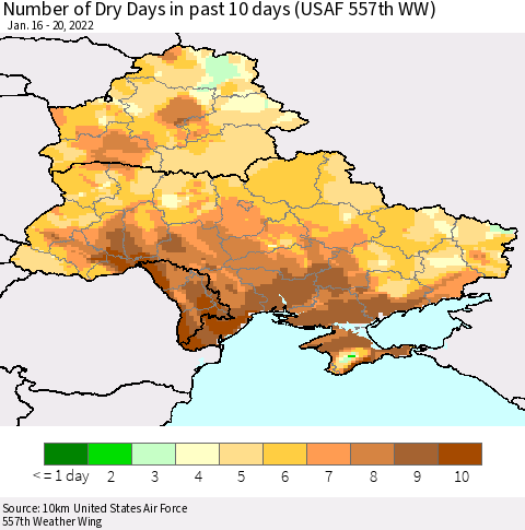 Ukraine, Moldova and Belarus Number of Dry Days in past 10 days (USAF 557th WW) Thematic Map For 1/16/2022 - 1/20/2022