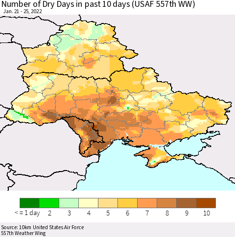 Ukraine, Moldova and Belarus Number of Dry Days in past 10 days (USAF 557th WW) Thematic Map For 1/21/2022 - 1/25/2022