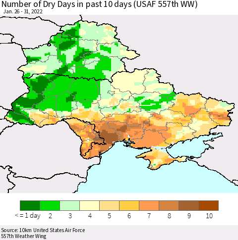Ukraine, Moldova and Belarus Number of Dry Days in past 10 days (USAF 557th WW) Thematic Map For 1/26/2022 - 1/31/2022
