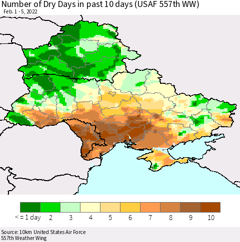 Ukraine, Moldova and Belarus Number of Dry Days in past 10 days (USAF 557th WW) Thematic Map For 2/1/2022 - 2/5/2022