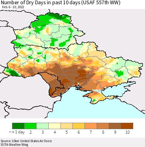 Ukraine, Moldova and Belarus Number of Dry Days in past 10 days (USAF 557th WW) Thematic Map For 2/6/2022 - 2/10/2022