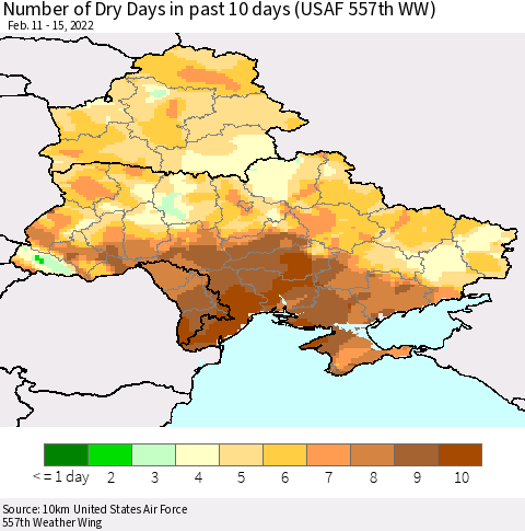 Ukraine, Moldova and Belarus Number of Dry Days in past 10 days (USAF 557th WW) Thematic Map For 2/11/2022 - 2/15/2022