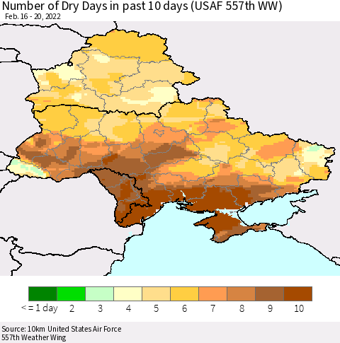 Ukraine, Moldova and Belarus Number of Dry Days in past 10 days (USAF 557th WW) Thematic Map For 2/16/2022 - 2/20/2022