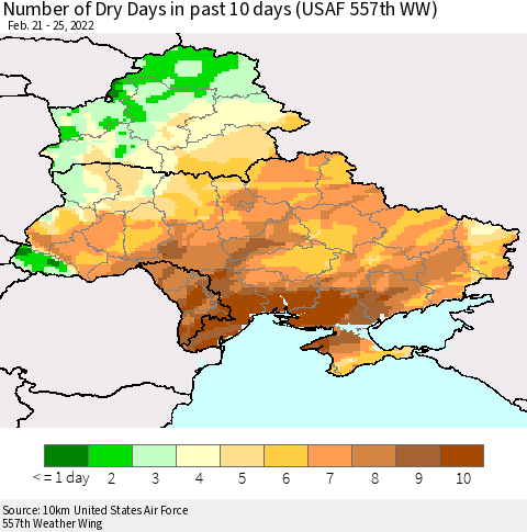 Ukraine, Moldova and Belarus Number of Dry Days in past 10 days (USAF 557th WW) Thematic Map For 2/21/2022 - 2/25/2022