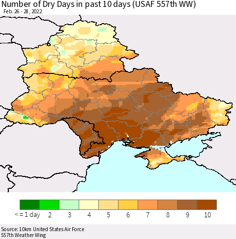 Ukraine, Moldova and Belarus Number of Dry Days in past 10 days (USAF 557th WW) Thematic Map For 2/26/2022 - 2/28/2022