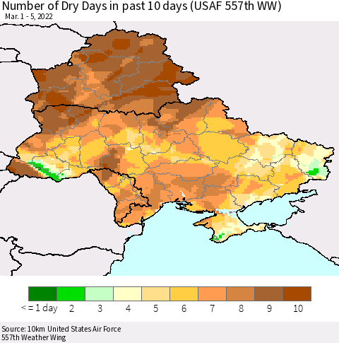 Ukraine, Moldova and Belarus Number of Dry Days in past 10 days (USAF 557th WW) Thematic Map For 3/1/2022 - 3/5/2022