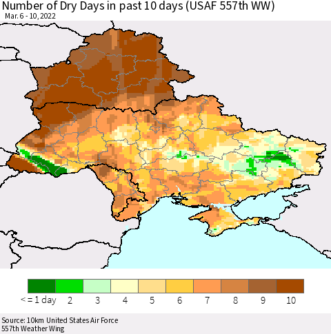 Ukraine, Moldova and Belarus Number of Dry Days in past 10 days (USAF 557th WW) Thematic Map For 3/6/2022 - 3/10/2022