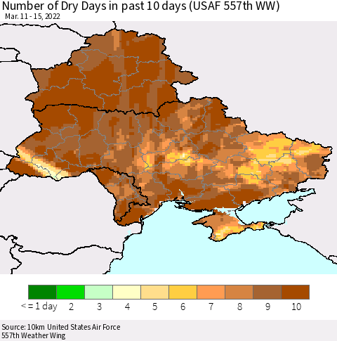 Ukraine, Moldova and Belarus Number of Dry Days in past 10 days (USAF 557th WW) Thematic Map For 3/11/2022 - 3/15/2022
