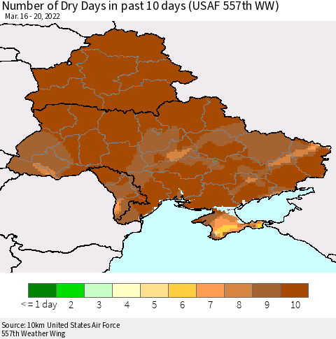 Ukraine, Moldova and Belarus Number of Dry Days in past 10 days (USAF 557th WW) Thematic Map For 3/16/2022 - 3/20/2022