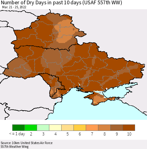 Ukraine, Moldova and Belarus Number of Dry Days in past 10 days (USAF 557th WW) Thematic Map For 3/21/2022 - 3/25/2022