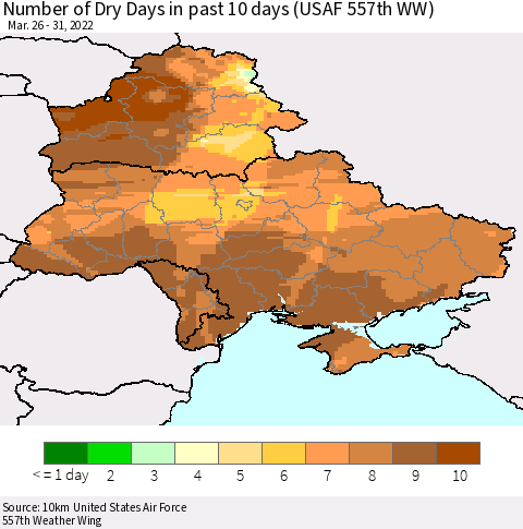 Ukraine, Moldova and Belarus Number of Dry Days in past 10 days (USAF 557th WW) Thematic Map For 3/26/2022 - 3/31/2022