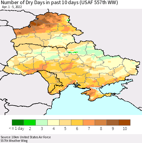 Ukraine, Moldova and Belarus Number of Dry Days in past 10 days (USAF 557th WW) Thematic Map For 4/1/2022 - 4/5/2022