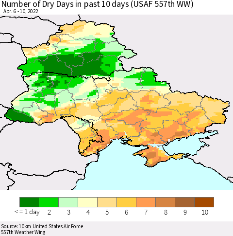Ukraine, Moldova and Belarus Number of Dry Days in past 10 days (USAF 557th WW) Thematic Map For 4/6/2022 - 4/10/2022