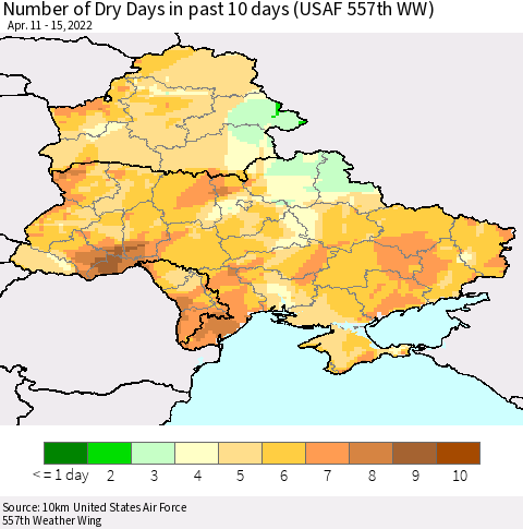 Ukraine, Moldova and Belarus Number of Dry Days in past 10 days (USAF 557th WW) Thematic Map For 4/11/2022 - 4/15/2022