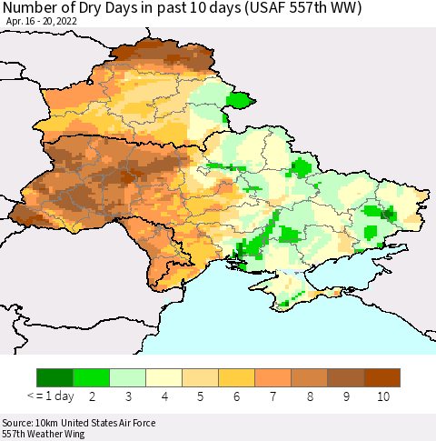 Ukraine, Moldova and Belarus Number of Dry Days in past 10 days (USAF 557th WW) Thematic Map For 4/16/2022 - 4/20/2022