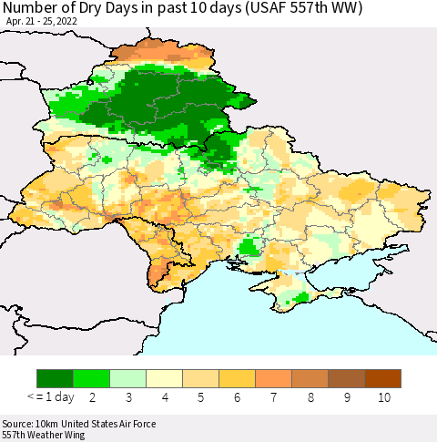 Ukraine, Moldova and Belarus Number of Dry Days in past 10 days (USAF 557th WW) Thematic Map For 4/21/2022 - 4/25/2022