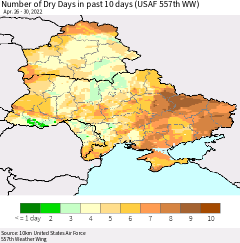 Ukraine, Moldova and Belarus Number of Dry Days in past 10 days (USAF 557th WW) Thematic Map For 4/26/2022 - 4/30/2022