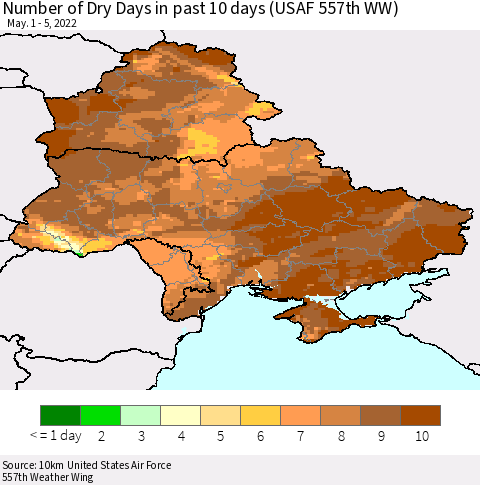 Ukraine, Moldova and Belarus Number of Dry Days in past 10 days (USAF 557th WW) Thematic Map For 5/1/2022 - 5/5/2022