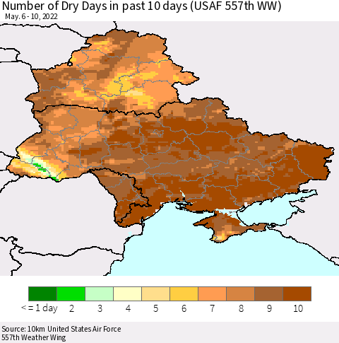 Ukraine, Moldova and Belarus Number of Dry Days in past 10 days (USAF 557th WW) Thematic Map For 5/6/2022 - 5/10/2022