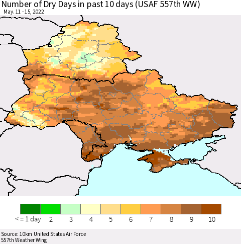 Ukraine, Moldova and Belarus Number of Dry Days in past 10 days (USAF 557th WW) Thematic Map For 5/11/2022 - 5/15/2022