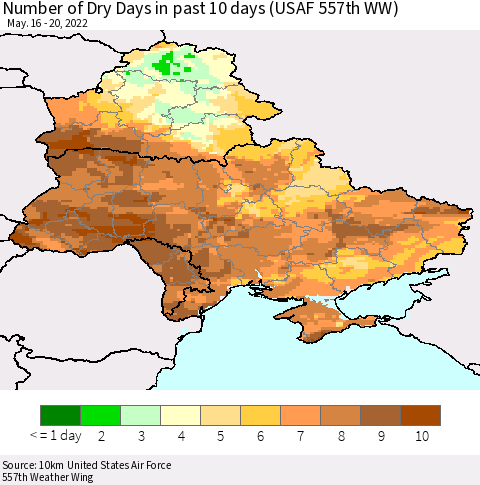 Ukraine, Moldova and Belarus Number of Dry Days in past 10 days (USAF 557th WW) Thematic Map For 5/16/2022 - 5/20/2022