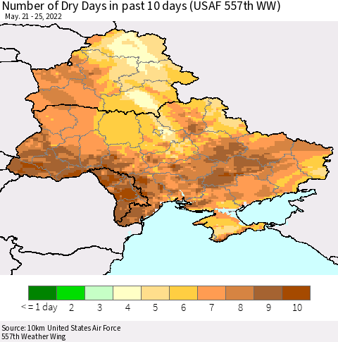 Ukraine, Moldova and Belarus Number of Dry Days in past 10 days (USAF 557th WW) Thematic Map For 5/21/2022 - 5/25/2022