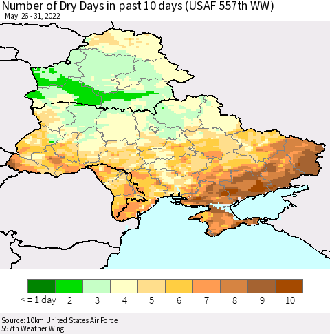 Ukraine, Moldova and Belarus Number of Dry Days in past 10 days (USAF 557th WW) Thematic Map For 5/26/2022 - 5/31/2022