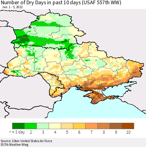 Ukraine, Moldova and Belarus Number of Dry Days in past 10 days (USAF 557th WW) Thematic Map For 6/1/2022 - 6/5/2022