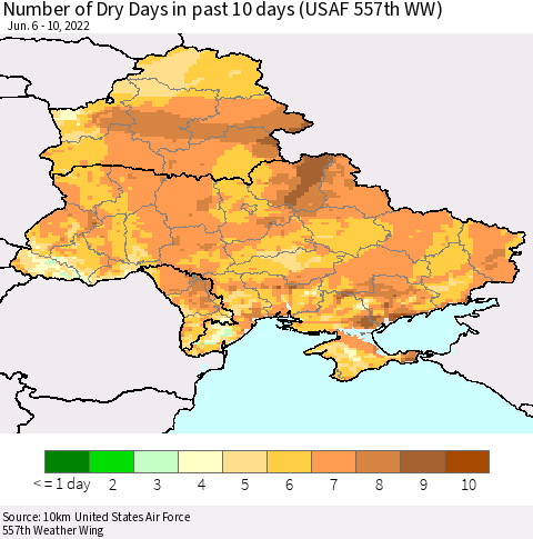 Ukraine, Moldova and Belarus Number of Dry Days in past 10 days (USAF 557th WW) Thematic Map For 6/6/2022 - 6/10/2022