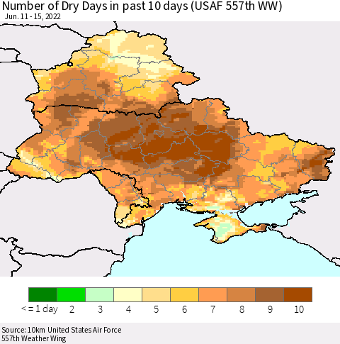 Ukraine, Moldova and Belarus Number of Dry Days in past 10 days (USAF 557th WW) Thematic Map For 6/11/2022 - 6/15/2022
