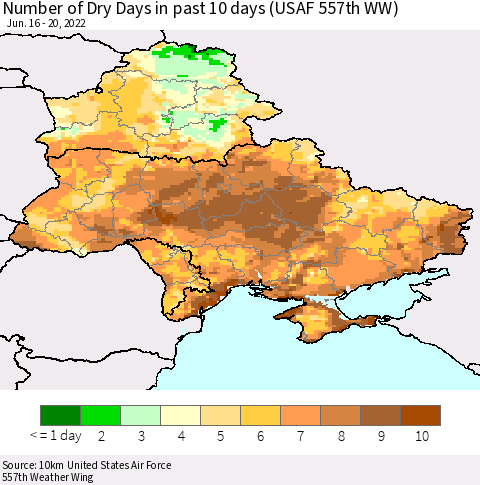 Ukraine, Moldova and Belarus Number of Dry Days in past 10 days (USAF 557th WW) Thematic Map For 6/16/2022 - 6/20/2022