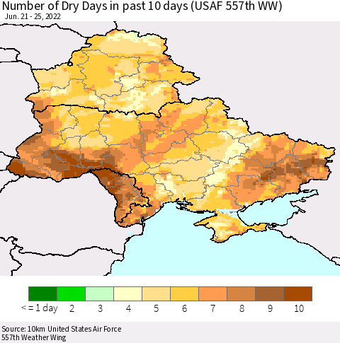 Ukraine, Moldova and Belarus Number of Dry Days in past 10 days (USAF 557th WW) Thematic Map For 6/21/2022 - 6/25/2022