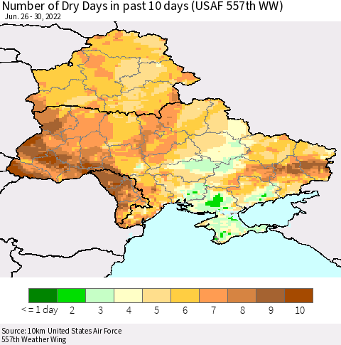 Ukraine, Moldova and Belarus Number of Dry Days in past 10 days (USAF 557th WW) Thematic Map For 6/26/2022 - 6/30/2022