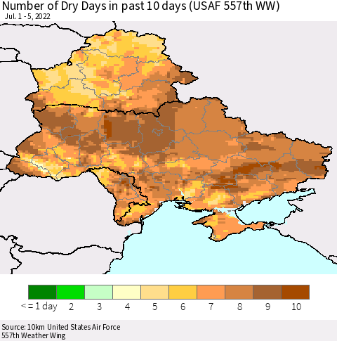 Ukraine, Moldova and Belarus Number of Dry Days in past 10 days (USAF 557th WW) Thematic Map For 7/1/2022 - 7/5/2022