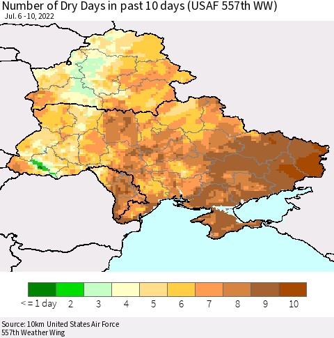 Ukraine, Moldova and Belarus Number of Dry Days in past 10 days (USAF 557th WW) Thematic Map For 7/6/2022 - 7/10/2022