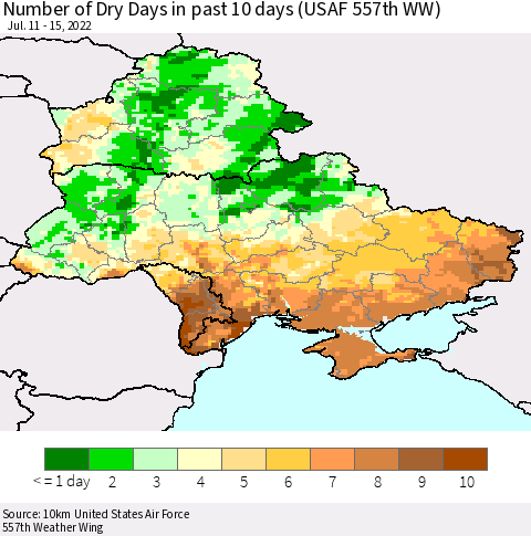 Ukraine, Moldova and Belarus Number of Dry Days in past 10 days (USAF 557th WW) Thematic Map For 7/11/2022 - 7/15/2022