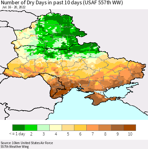 Ukraine, Moldova and Belarus Number of Dry Days in past 10 days (USAF 557th WW) Thematic Map For 7/16/2022 - 7/20/2022