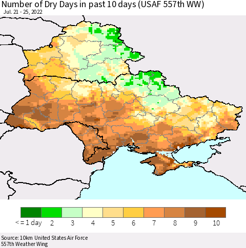 Ukraine, Moldova and Belarus Number of Dry Days in past 10 days (USAF 557th WW) Thematic Map For 7/21/2022 - 7/25/2022