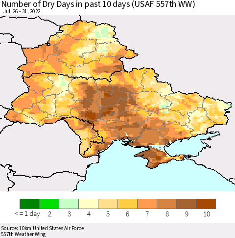 Ukraine, Moldova and Belarus Number of Dry Days in past 10 days (USAF 557th WW) Thematic Map For 7/26/2022 - 7/31/2022