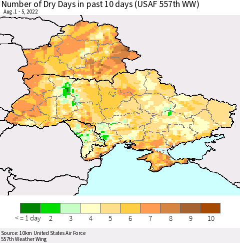 Ukraine, Moldova and Belarus Number of Dry Days in past 10 days (USAF 557th WW) Thematic Map For 8/1/2022 - 8/5/2022