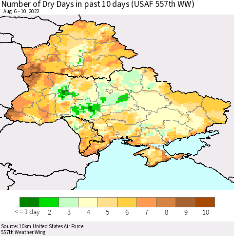 Ukraine, Moldova and Belarus Number of Dry Days in past 10 days (USAF 557th WW) Thematic Map For 8/6/2022 - 8/10/2022