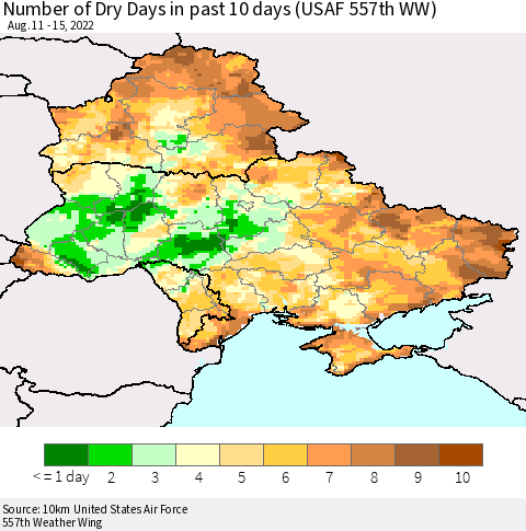 Ukraine, Moldova and Belarus Number of Dry Days in past 10 days (USAF 557th WW) Thematic Map For 8/11/2022 - 8/15/2022