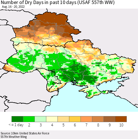 Ukraine, Moldova and Belarus Number of Dry Days in past 10 days (USAF 557th WW) Thematic Map For 8/16/2022 - 8/20/2022